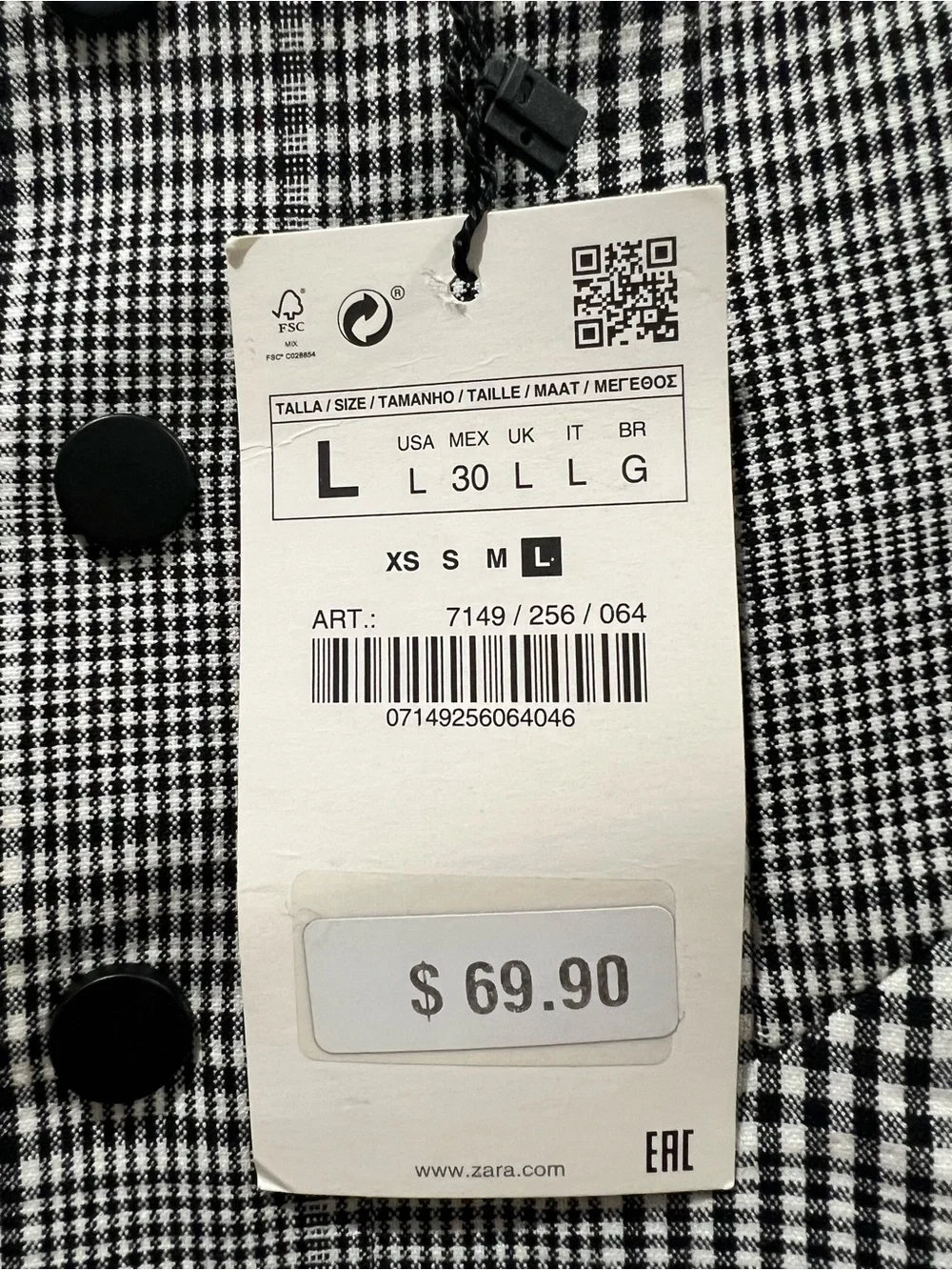 Zara Gray & Black Glen Plaid High-Waist Button Trousers